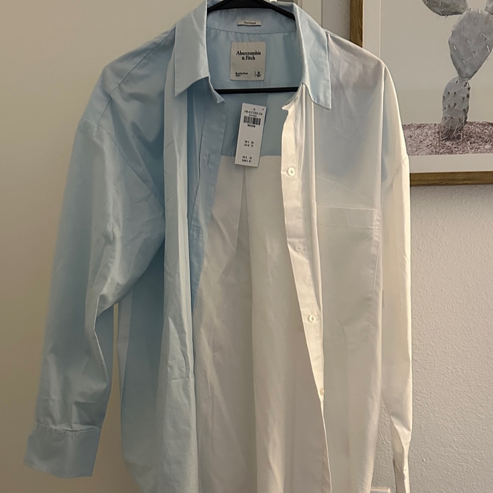 Abercrombie & Fitch Women’s Oversized Light Blue and White Button Down Shirt